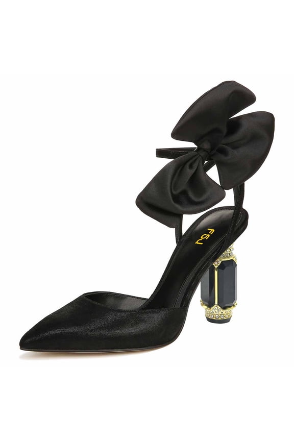 Women Elegant Pointy Close Toe Crystal High Heels Sandals Ankle Strap Side Bowknot Crystal Chunky Heels Pumps Wedding D'Orsay Shoes Size 16 Black