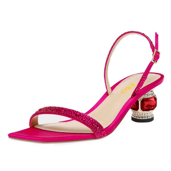 FSJ Women Elegant Square Open Toe Crystal Block Low Heel Sandals Rhinestones Slingback Strappy Pumps Slip On Party Slide Shoes Size 8.5 Pink