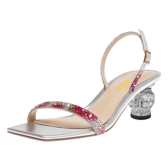 FSJ Women Elegant Square Open Toe Crystal Block Low Heel Sandals Rhinestones Slingback Strappy Pumps Slip On Party Slide Shoes Size 9 Silver