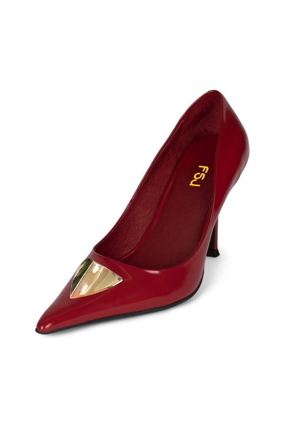 Women Elegant Stiletto High Heels Pumps Pointed Closed Toe Gold Accent Slip On Party Wedding Daily Wear Shoes Size 14 Red