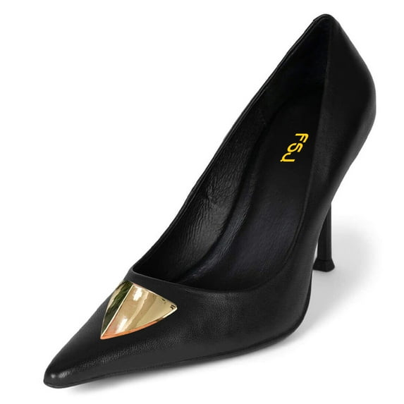 FSJ Women Elegant Stiletto High Heels Pumps Pointed Closed Toe Gold Accent Slip On Party Wedding Daily Wear Shoes Size 7.5 Black