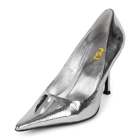 FSJ Women Elegant Stiletto High Heels Pumps Pointed Closed Toe Gold Accent Slip On Party Wedding Daily Wear Shoes Size 7 Silver