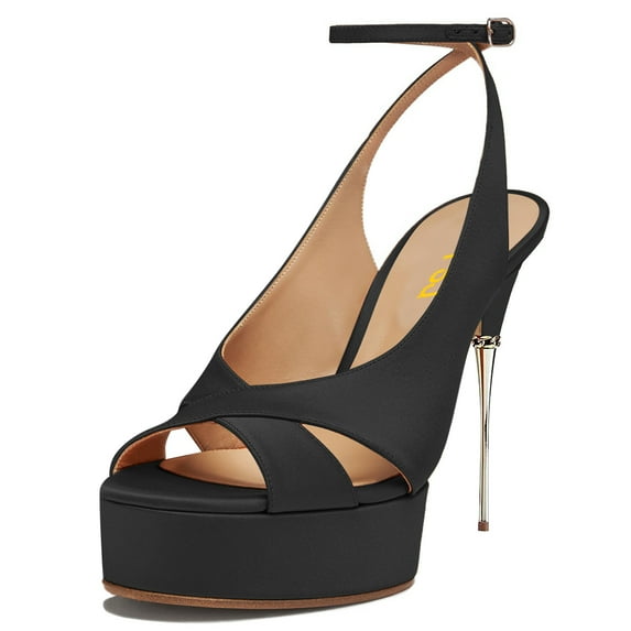 FSJ Women Elegant Stiletto Platform High Heel Peep Open Toe Pumps Crisscross Ankle Buckle Strap Sandals Wedding Dressy Shoes Size 16 Black