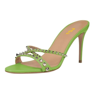 FSJ Women Elegant Studs Rivets Cross Strap Sandals Multi-strap Open Toe Sandals Stilettos High Heel Slide Backless Mules Sexy Bridals Shoes Size 8 Green
