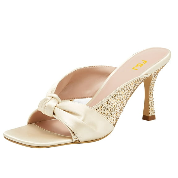 FSJ Women Fashion Bowknot Square Open Toe Stilettos Thin High Heels Mules Rhinestone Slip On Sandals Backless Sexy Summer Slides Shoes Size 8.5 Champagne