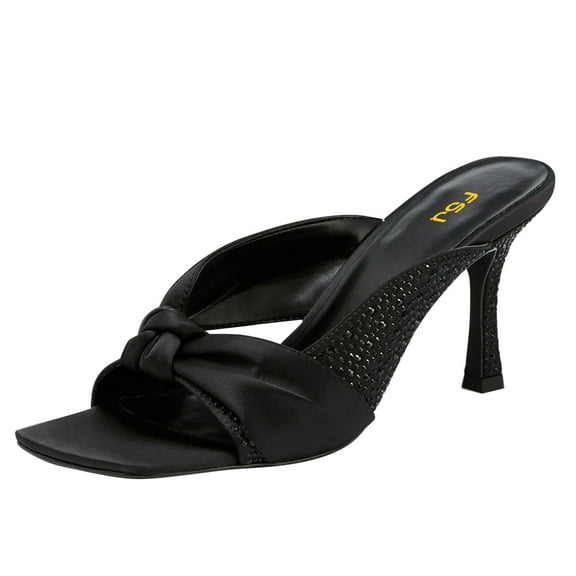 FSJ Women Fashion Bowknot Square Open Toe Stilettos Thin High Heels Mules Rhinestone Slip On Sandals Backless Sexy Summer Slides Shoes Size 8 Black