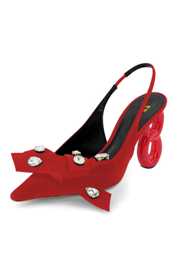 Women Fashion Bowknot Studded Crystals Pointy Closed Toe Slingback Pumps Chain High Heels Slip On Sandals Wedding Party Shoes Size 10 Red
