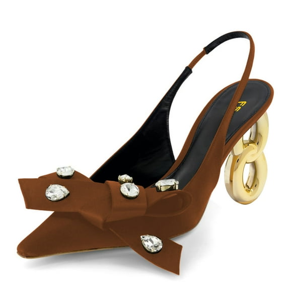 FSJ Women Fashion Bowknot Studded Crystals Pointy Closed Toe Slingback Pumps Chain High Heels Slip On Sandals Wedding Party Shoes Size 11 Brown