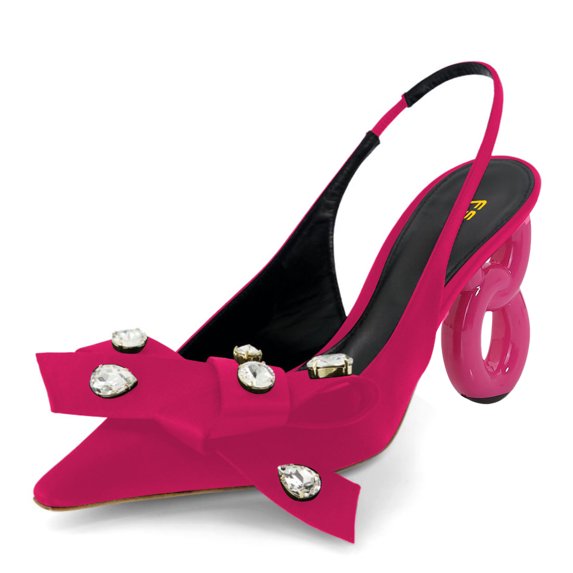 FSJ Women Fashion Bowknot Studded Crystals Pointy Closed Toe Slingback Pumps Chain High Heels Slip On Sandals Wedding Party Shoes Size 7.5 Pink