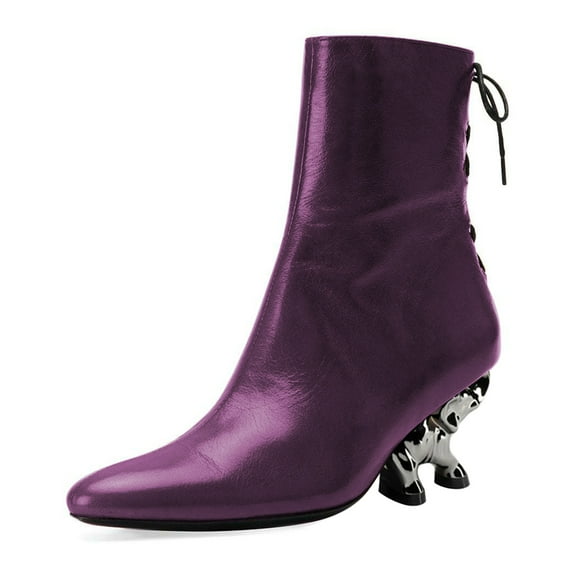 FSJ Women Fashion Chic Elephant Mid Heel Ankle Boots Pointy Close Toe Side Zipper Back Lace Up Short Booties Walking Dress Shoes Size 8 Purple