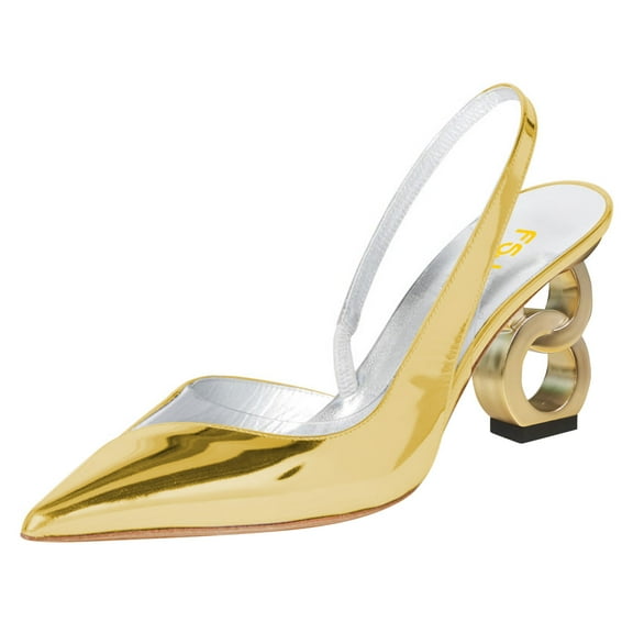 FSJ Women Fashion Clear Pointed Toe Slingback Chic V-shape Cutout Sandals Slip On Elastic Strap Unique Chain Heels Pumps Party Dress Shoes Size 10.5 Yellow