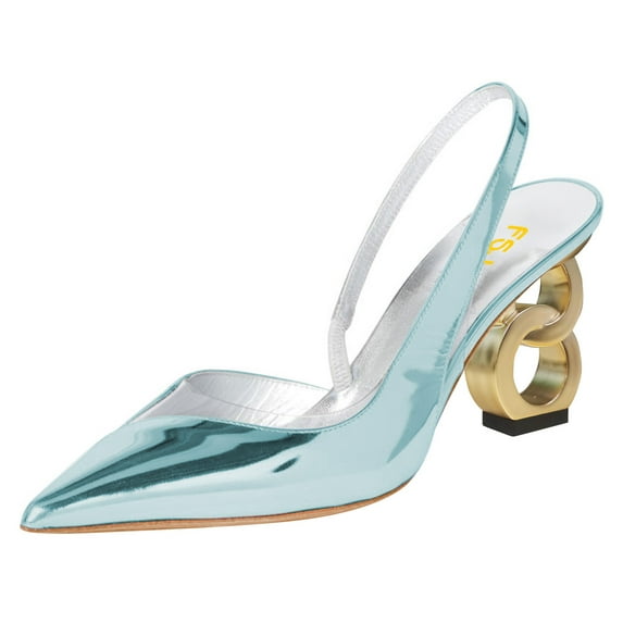 FSJ Women Fashion Clear Pointed Toe Slingback Chic V-shape Cutout Sandals Slip On Elastic Strap Unique Chain Heels Pumps Party Dress Shoes Size 13 Blue