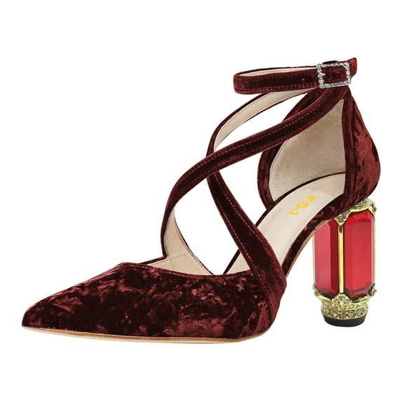 FSJ Women Fashion Cross Strap Pumps Pointed Closed Toe Crystal Chunky High Heel Adjustable Buckle Ankle Strap Bridal Party Dress Shoes Size 15 Red