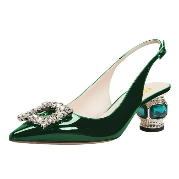 FSJ Women Fashion Crystal Square Buckle Pointed Closed Toe Slingback Pumps Rhinestone Block Low Heel Sandals Party Dressy Shoes Size 14 Green