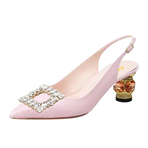 FSJ Women Fashion Crystal Square Buckle Pointed Closed Toe Slingback Pumps Rhinestone Block Low Heel Sandals Party Dressy Shoes Size 16 Pink