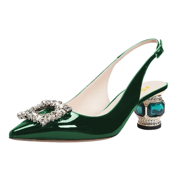 FSJ Women Fashion Crystal Square Buckle Pointed Closed Toe Slingback Pumps Rhinestone Block Low Heel Sandals Party Dressy Shoes Size 7 Green