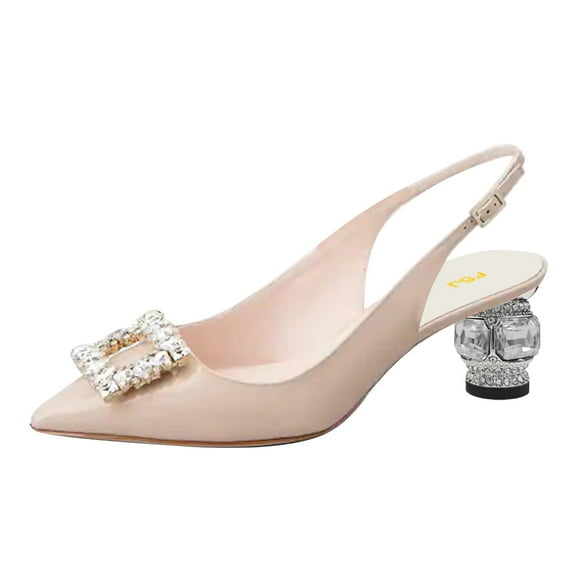 FSJ Women Fashion Crystal Square Buckle Pointed Closed Toe Slingback Pumps Rhinestone Block Low Heel Sandals Party Dressy Shoes Size 8 Nude