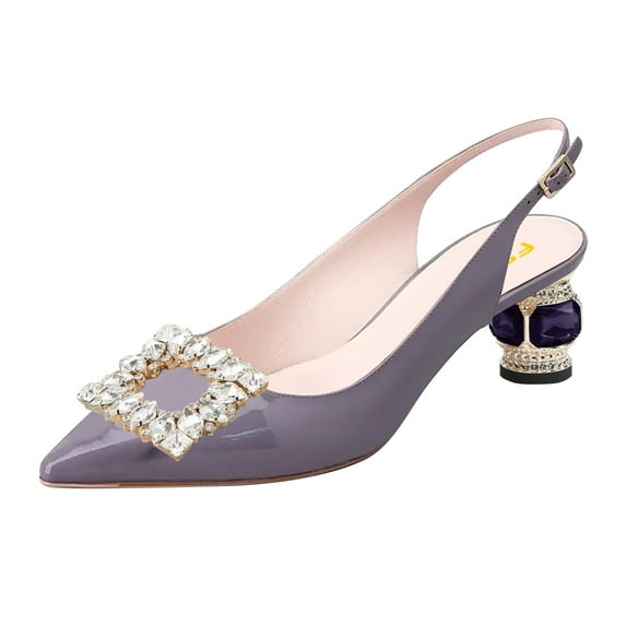 FSJ Women Fashion Crystal Square Buckle Pointed Closed Toe Slingback Pumps Rhinestone Block Low Heel Sandals Party Dressy Shoes Size 9 Purple