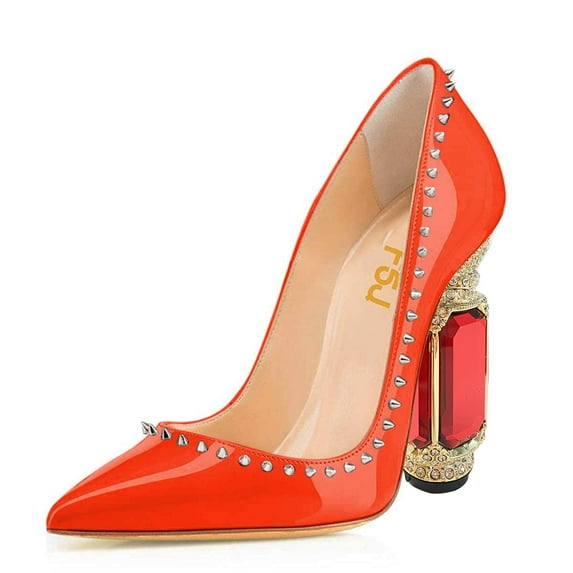 FSJ Women Fashion Crystal Thick High Heel with Rhinestones Slip On Pointed Toe Studded Rivets Pumps Bridal Party Wedding Dress Shoes Size 12 Orange