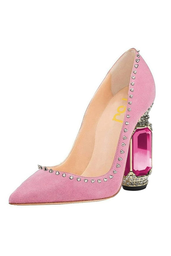 Women Fashion Crystal Thick High Heel with Rhinestones Slip On Pointed Toe Studded Rivets Pumps Bridal Party Wedding Dress Shoes Size 16 Pink