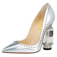 thumbnail image 1 of FSJ Women Fashion Crystal Thick High Heel with Rhinestones Slip On Pointed Toe Studded Rivets Pumps Bridal Party Wedding Dress Shoes Size 7.5 Silver, 1 of 1