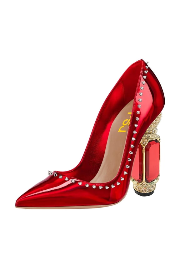 Women Fashion Crystal Thick High Heel with Rhinestones Slip On Pointed Toe Studded Rivets Pumps Bridal Party Wedding Dress Shoes Size 8.5 Red