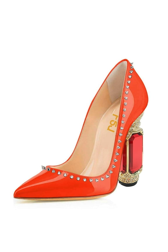 Women Fashion Crystal Thick High Heel with Rhinestones Slip On Pointed Toe Studded Rivets Pumps Bridal Party Wedding Dress Shoes Size 8 Orange