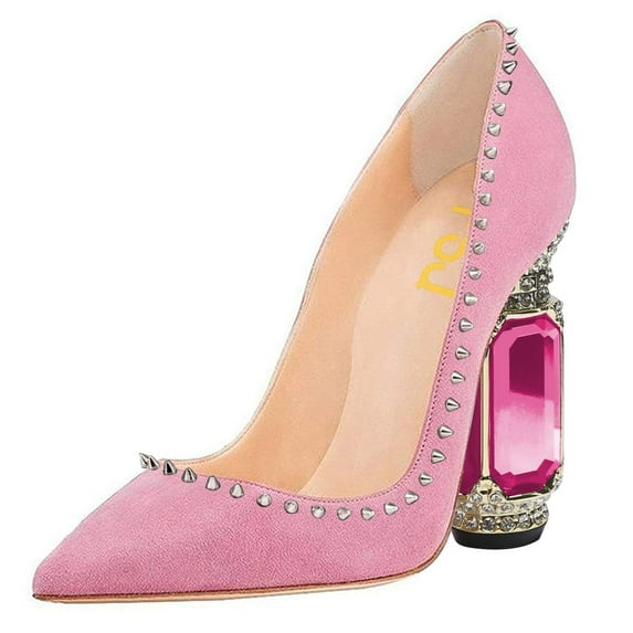 FSJ Women Fashion Crystal Thick High Heel with Rhinestones Slip On Pointed Toe Studded Rivets Pumps Bridal Party Wedding Dress Shoes Size 8 Pink