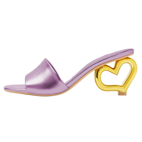 FSJ Women Fashion Heart Shaped Heel Backless Mules Square Open Toe Slip On Sandals Casual Wedding Dress Slides Shoes Size 5.5 Purple