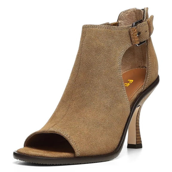 FSJ Women Fashion Peep Open Toe High Heel Sandals Cutout Ankle Strap Buckle Booties Back Zipper Nightclub Pumps Shoes Size 10 Brown