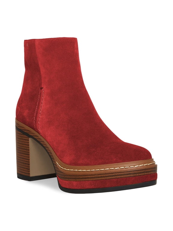Women Fashion Platform Round Toe Suede Ankle Boots Block Chunky High Heel Side Zipper Winter Warm Walking Shoes Size 4 Red