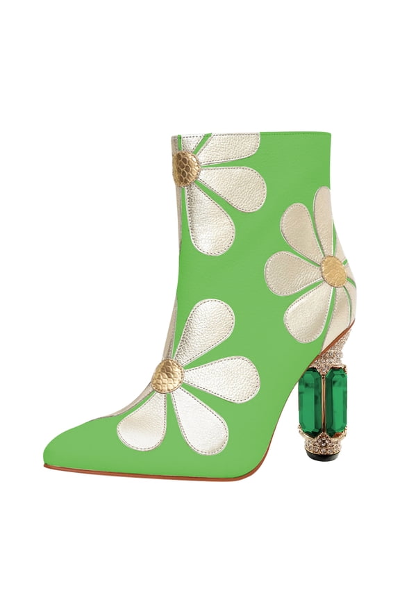 Women Fashion Pointed Closed Toe Side Zipper Ankle Boots Crystal Chunky High Heel Booties with Daisy Flower Wedding Casual Dress Shoes Size 14 Green