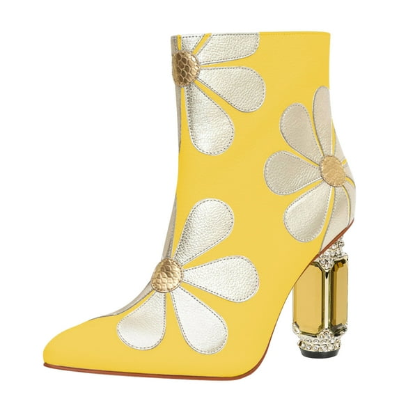 FSJ Women Fashion Pointed Closed Toe Side Zipper Ankle Boots Crystal Chunky High Heel Booties with Daisy Flower Wedding Casual Dress Shoes Size 8 Yellow