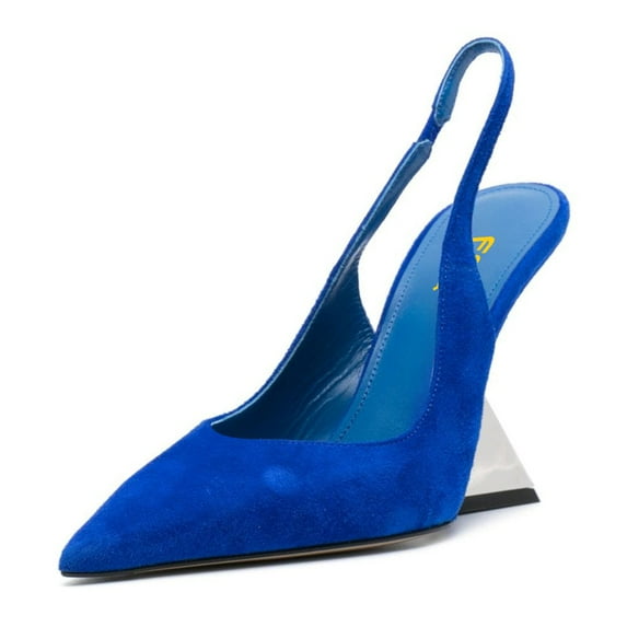 FSJ Women Fashion Pointed Closed Toe Wedge High Heel Slingback Pumps Stretch Strap Slip-On Office Wedding Dress Shoes Size 15 Blue