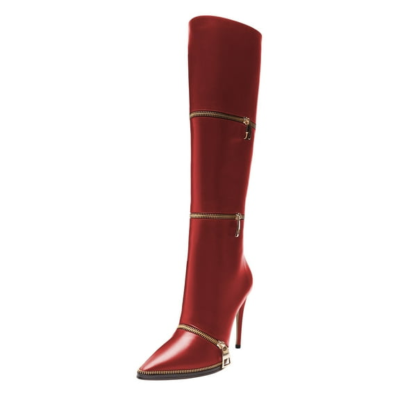 FSJ Women Fashion Polished Zippers Knee High Boots Pointed Closed Toe Side Zip Stiletto High Heel Long Boots Dress Shoes Size 12 Red