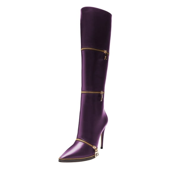 FSJ Women Fashion Polished Zippers Knee High Boots Pointed Closed Toe Side Zip Stiletto High Heel Long Boots Dress Shoes Size 8 Purple