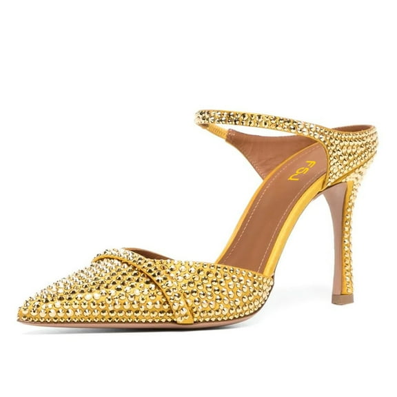 FSJ Women Fashion Rhinestones Strappy Slide Pumps Stiletto High Heels Slip On Pointed Toe Backless Mule Sandals Wedding Party Dress Shoes Size 14 Gold