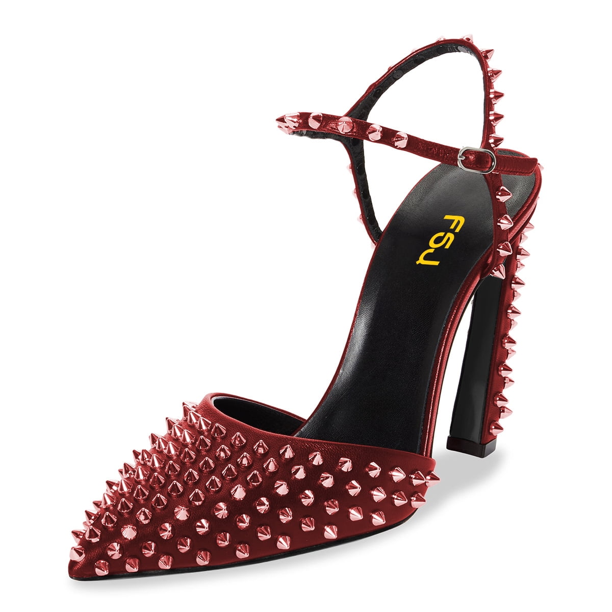 Women's Chunky Heel Pumps – Rivet Studded T-Strap Pointed Toe Party Shoes For Nightclub & Events