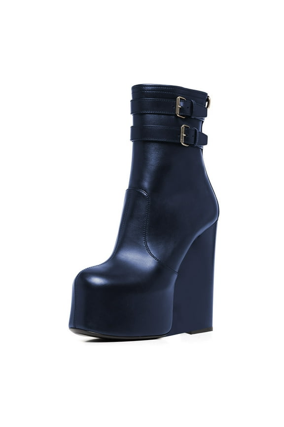 Women Fashion Round Closed Toe Ankle Boots Platform Wedge High Heel Punk Booties Buckled Strappy Side Zipper Party Shoes Size 14 Navy