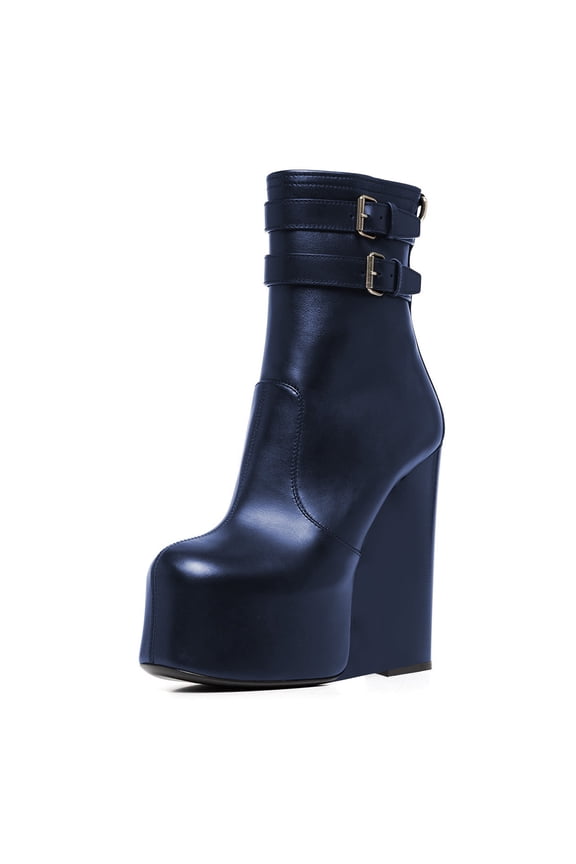 Women Fashion Round Closed Toe Ankle Boots Platform Wedge High Heel Punk Booties Buckled Strappy Side Zipper Party Shoes Size 4 Navy