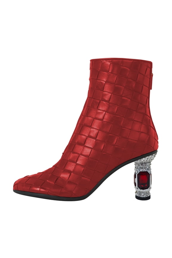 Women Fashion Round Closed Toe Weave Ankle Boots Crystal Chunky Block Mid Heel Sparkly Party Wedding Short Boots Shoes Size Size 5 Red
