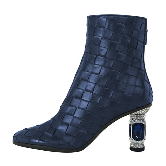FSJ Women Fashion Round Closed Toe Weave Ankle Boots Crystal Chunky Block Mid Heel Sparkly Party Wedding Short Boots Shoes Size Size 7.5 Blue