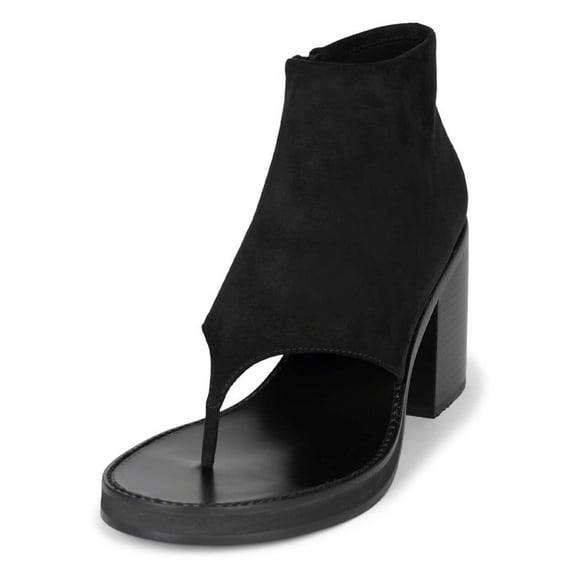 FSJ Women Fashion Round Open Toe Thong Booties Chunky High Heel Sandals Flip Flop Ankle Boots Side Zipper Party Prom Shoes Size 6 Black