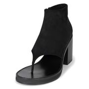 FSJ Women Fashion Round Open Toe Thong Booties Chunky High Heel Sandals Flip Flop Ankle Boots Side Zipper Party Prom Shoes Size 9 Black