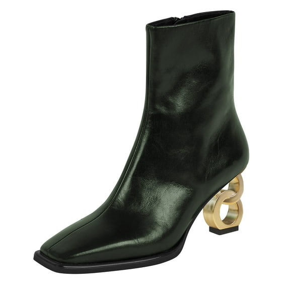 FSJ Women Fashion Square Closed Toe Metal Chain Heel Ankle Boots Side Zipper Sexy Short Booties Stretch Party Work Dressy Shoes Size 11 Green