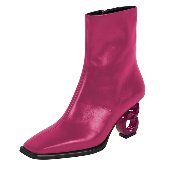 FSJ Women Fashion Square Closed Toe Metal Chain Heel Ankle Boots Side Zipper Sexy Short Booties Stretch Party Work Dressy Shoes Size 16 Pink