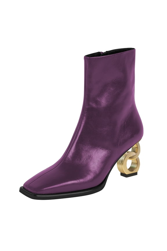 Women Fashion Square Closed Toe Metal Chain Heel Ankle Boots Side Zipper Sexy Short Booties Stretch Party Work Dressy Shoes Size 5 Purple