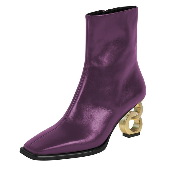 FSJ Women Fashion Square Closed Toe Metal Chain Heel Ankle Boots Side Zipper Sexy Short Booties Stretch Party Work Dressy Shoes Size 8 Purple