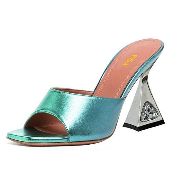 FSJ Women Fashion Square Open Toe Mules Slip On Crystal FlaBlue Heel Sildes Sandals Backless Wedding Dressy Slipper Shoes Size 6.5 Blue