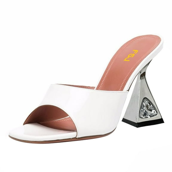 FSJ Women Fashion Square Open Toe Mules Slip On Crystal Flared Heel Sildes Sandals Backless Wedding Dressy Slipper Shoes Size 16 White